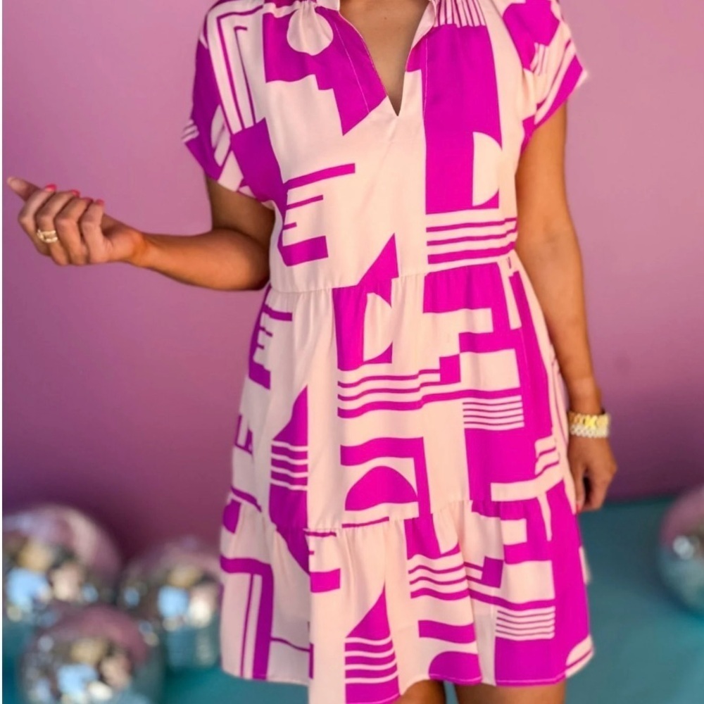 THML Magenta and Cream Geometric Mini Dress Large EUC